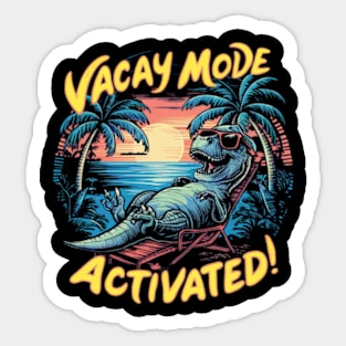 A vivid and amusing design featuring a laid-back dinosaur in sunglasses, lounging effortlessly on a beach chair. (2) Sticker